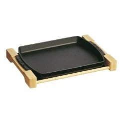 Outlet 🥰 Staub Cast Iron - Specialty Items 13-inch x 9-inch, rectangular Serving Dish with Wood Base, black matte 🔔